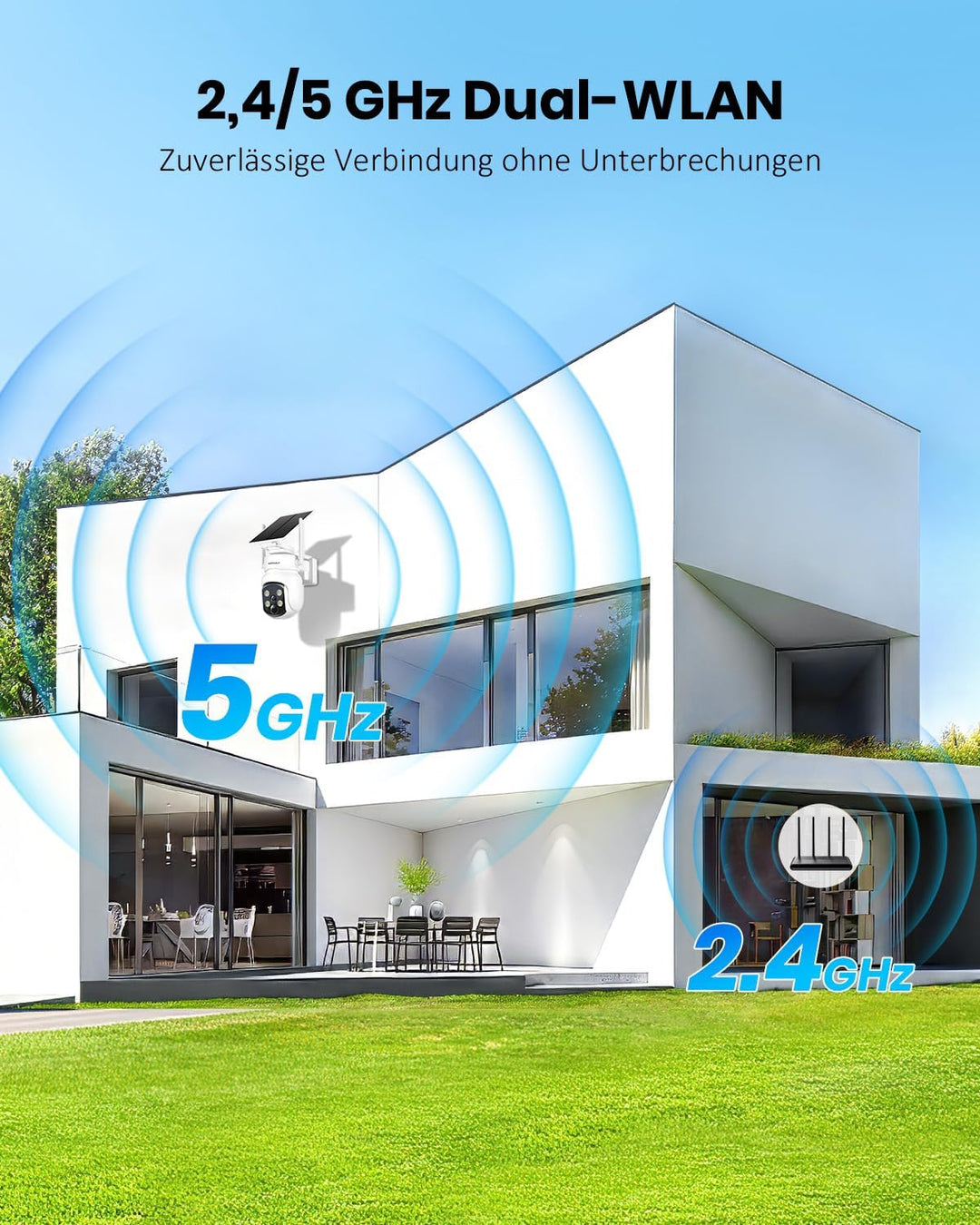 2.5K 4MP Überwachungskamera Aussen Solar, 360°PTZ Kamera Überwachung Aussen Akku, 2,4/ 5GHz WLAN Kam