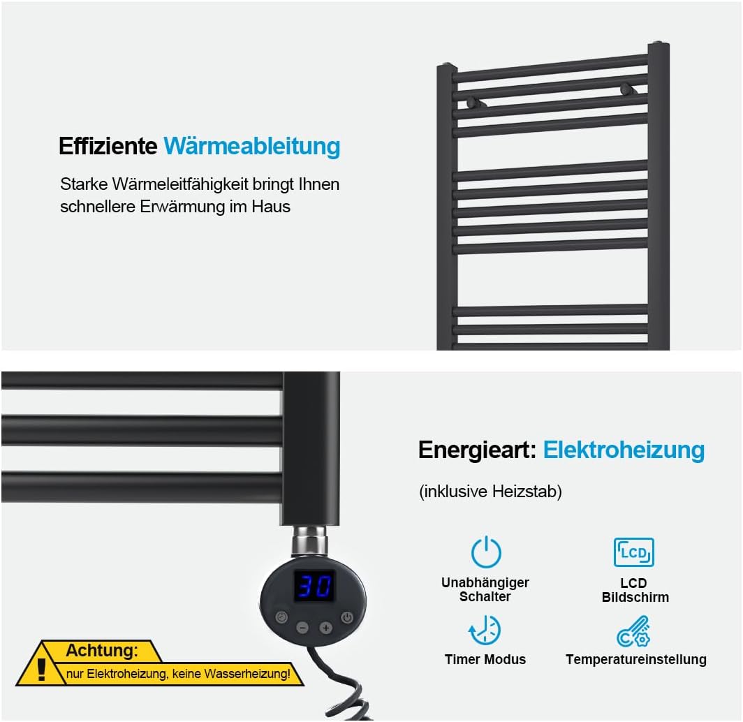 Heilmetz Badheizkörper Elektrisch 100x60cm Handtuchwärmer mit Digitalem Thermostat mit Timer-Funktio