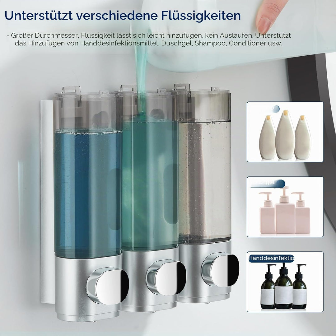 modunful Seifenspender für Dusche Wandbefestigung Ohne Bohren, 3 Kammern 300ml Duschspender Shampoo