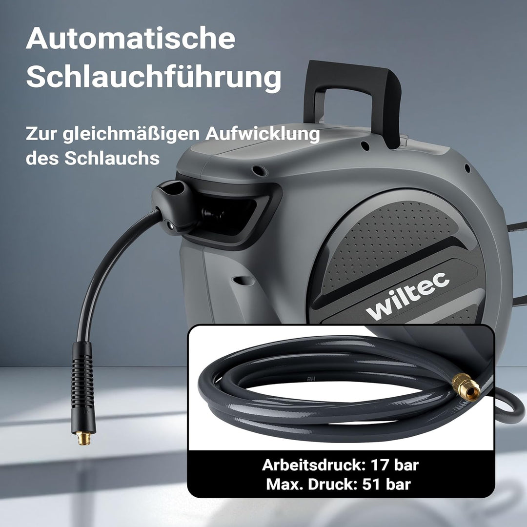 Wiltec Druckluft Schlauchtrommel 20 m, automatische Druckluftschlauchtrommel PP, 17 bar Drucklufttro