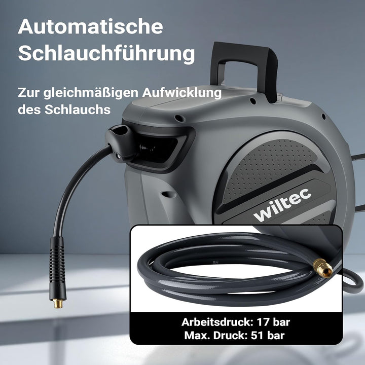 Wiltec Druckluft Schlauchtrommel 20 m, automatische Druckluftschlauchtrommel PP, 17 bar Drucklufttro