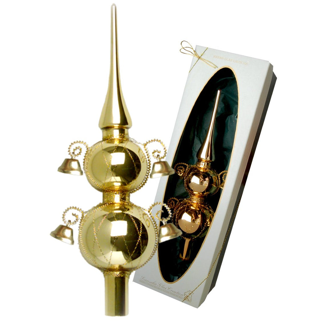 Christbaumspitze Gold glänzend mit Dekor und Glöckchen, 29 cm in hochwertiger Geschenkbox Doppelspit