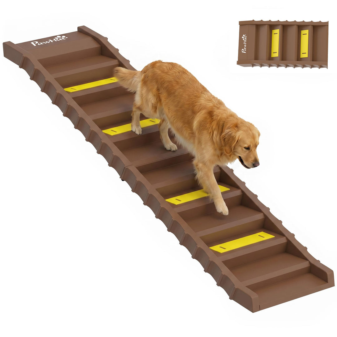 PawHut Hunderampe Klappbar rutschfest für Auto &amp; SUV 154x40cm Braun | Hundetreppe mit 10 Stufen Ruts