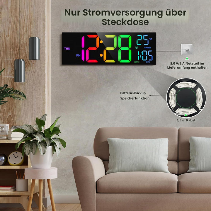 HAITANG Digitale Wanduhr in 8 Farben, 41,1 cm, grosse Digitaluhr mit Temperatur, Datum, automatische