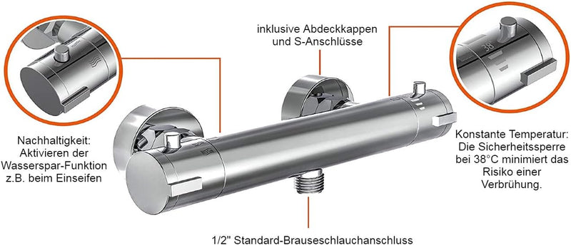 JOHO VC-3030-ABLAGE CP Duschset Regendusche, Chrom & EISL CLAUDIO, Mischbatterie mit Thermostat, The