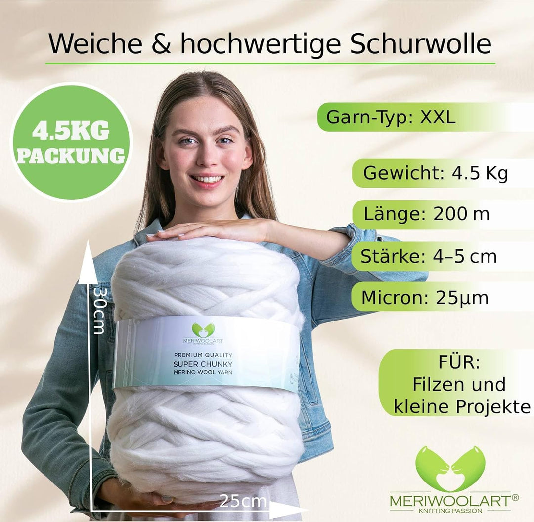 MERIWOOLART 100% XXL Merino Wolle Garn 4-5cm Dicke Wolle Garn, Filzwolle Trockenfilzen Nassfilzen, D