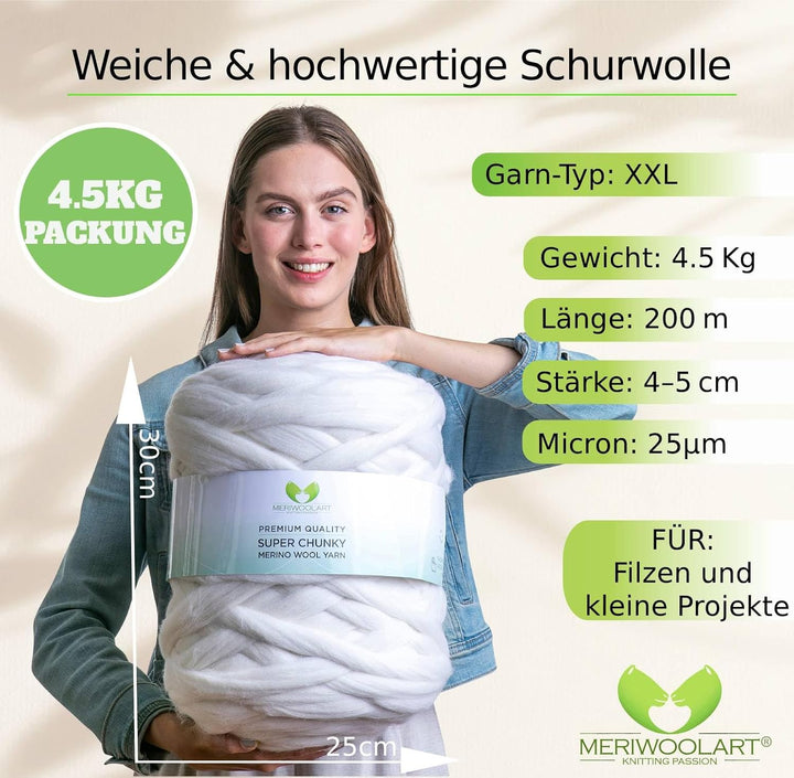 MERIWOOLART 100% XXL Merino Wolle Garn 4-5cm Dicke Wolle Garn, Filzwolle Trockenfilzen Nassfilzen, D