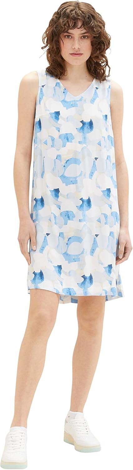 TOM TAILOR Damen Basic Sommerkleid mit Muster, 32135 - Blue Shapes Design