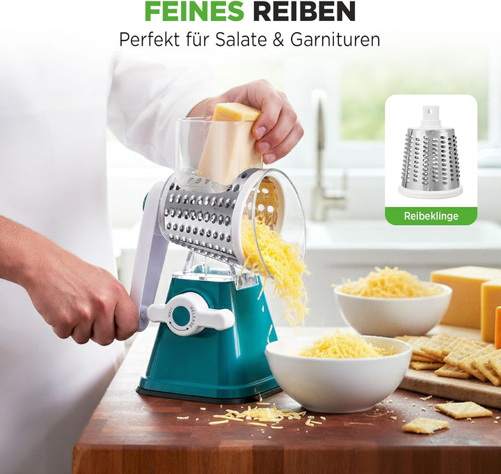 NutriChef 3-in-1 Trommelreibe - mit Handgriff – Rotierende Reibe für Käse und Gemüse – 3 Einsätze fü