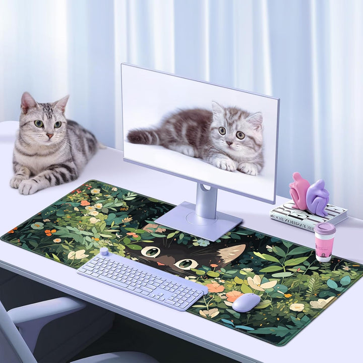 Abetcabe Gaming Mauspad XXL, Mousepad 900 x 400mm, Cute Katze Mauspad gross Vernähte Kanten WassXerd