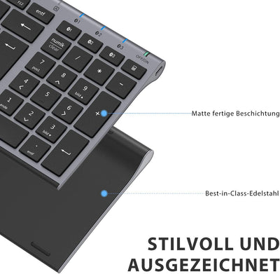 iClever Bluetooth Tastatur, Kabellose Tastatur mit 3 Bluetooth Kanälen, Funk Tastatur wiederaufladba