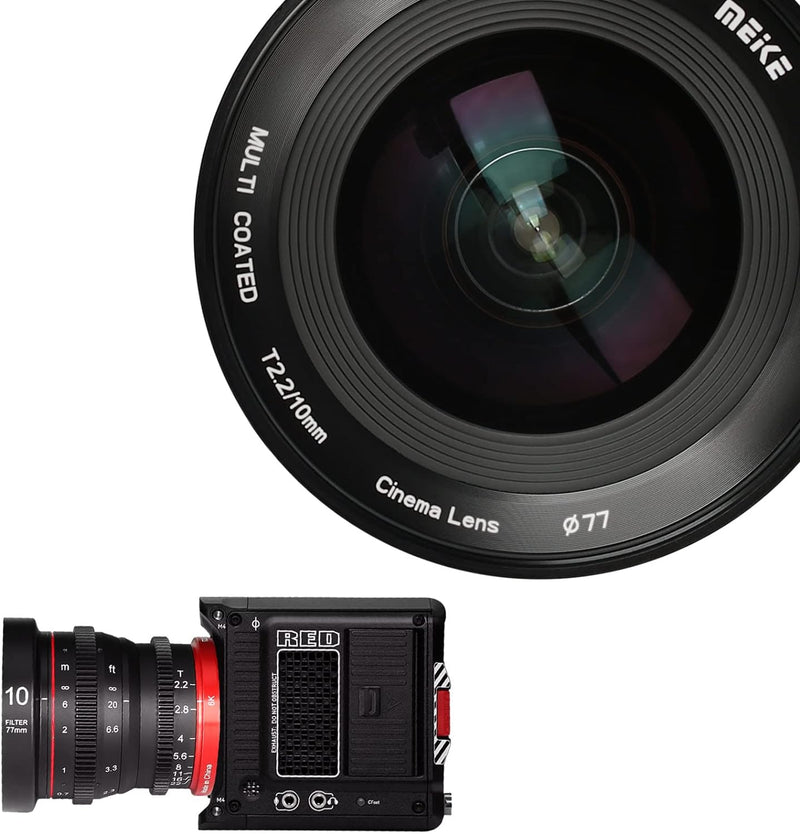 Meike 10mm T2.2 grosse Blende manueller Fokus geringe Verzerrung APS-C S35 Format 6K Mini Prime Cine