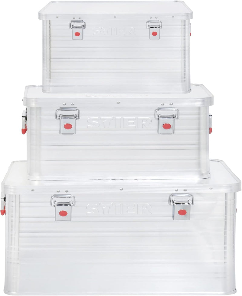 STIER Alubox Set, Aluminiumbox 50L 85L und 135L, stapelbare Transportkisten, Staub- und spritzwasser