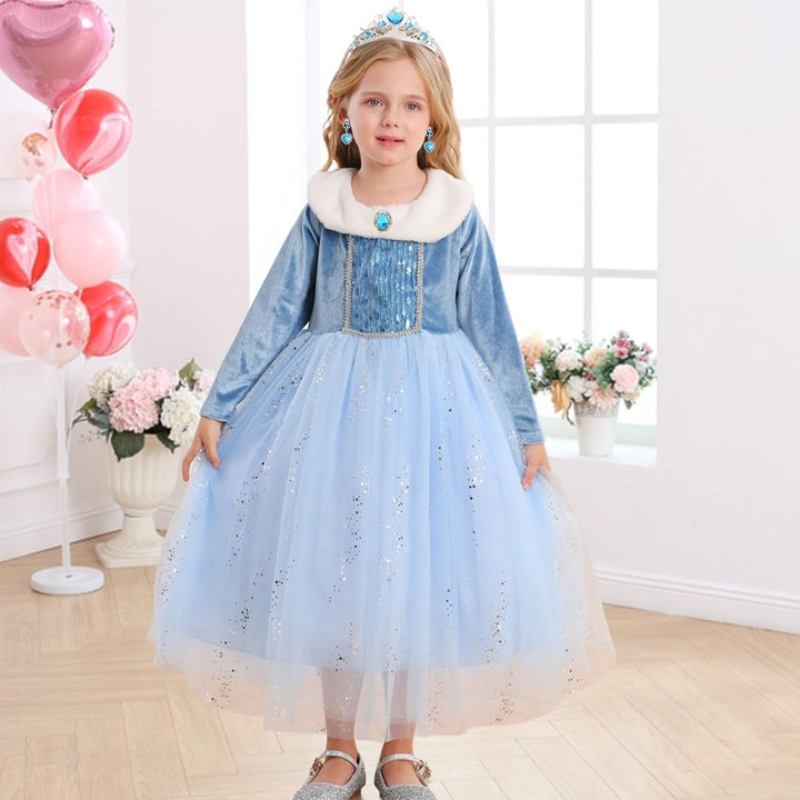 Snyemio Elsa Kostüm Mädchen Prinzessin Eiskönigin Kinder Kleid Eisprinzessin Verkleidung Langarm für