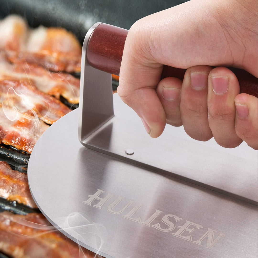 HULISEN 21,6 cm Burgerpresse, 1,1 kg, robuste Speck- und Grillpresse, Edelstahl, zerkleinerte Burger
