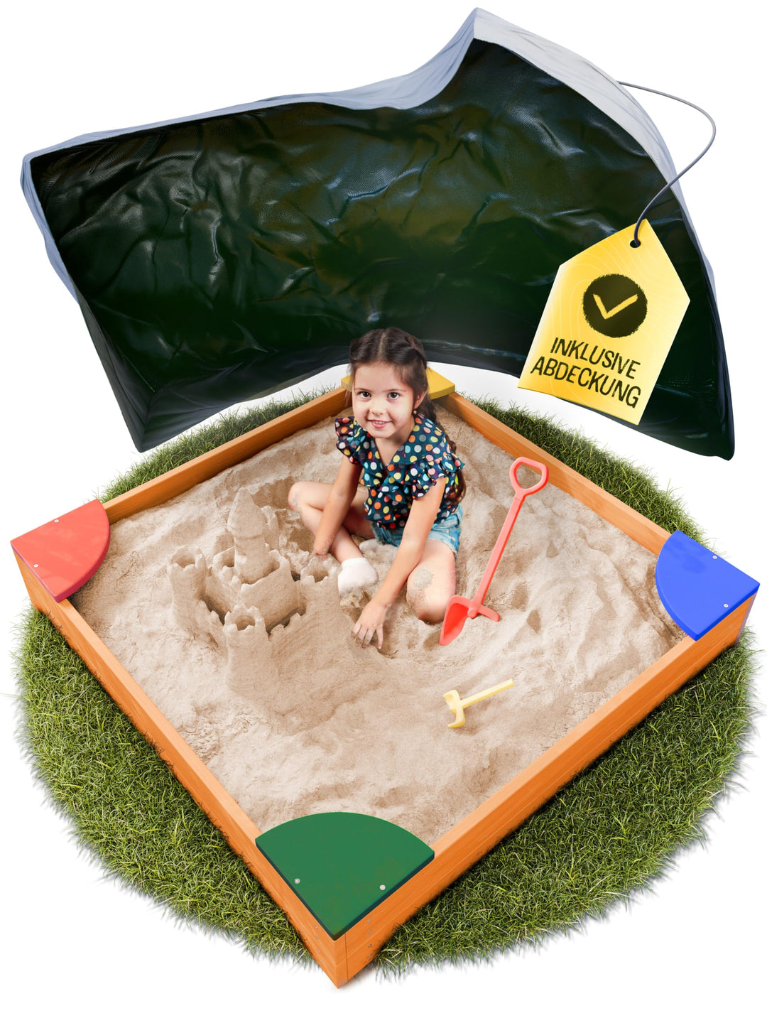 FRIEDO – Sandkasten mit Abdeckung 120x120 cm - Sandbox inkl. Bodenvlies zum Schutz vor Unkraut und U