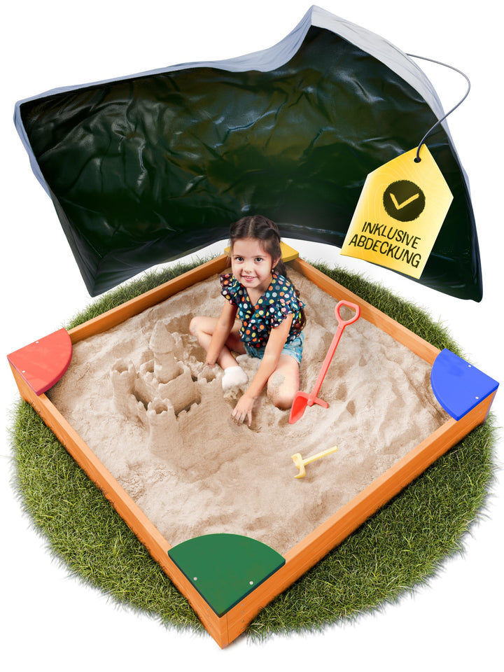 FRIEDO – Sandkasten mit Abdeckung 120x120 cm - Sandbox inkl. Bodenvlies zum Schutz vor Unkraut und U