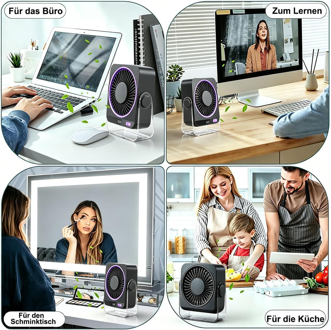 USB Schreibtischventilator, Tischventilator 4000mAh 5 Geschwindigkeiten & 180° Drehbar, Ultra-leiser