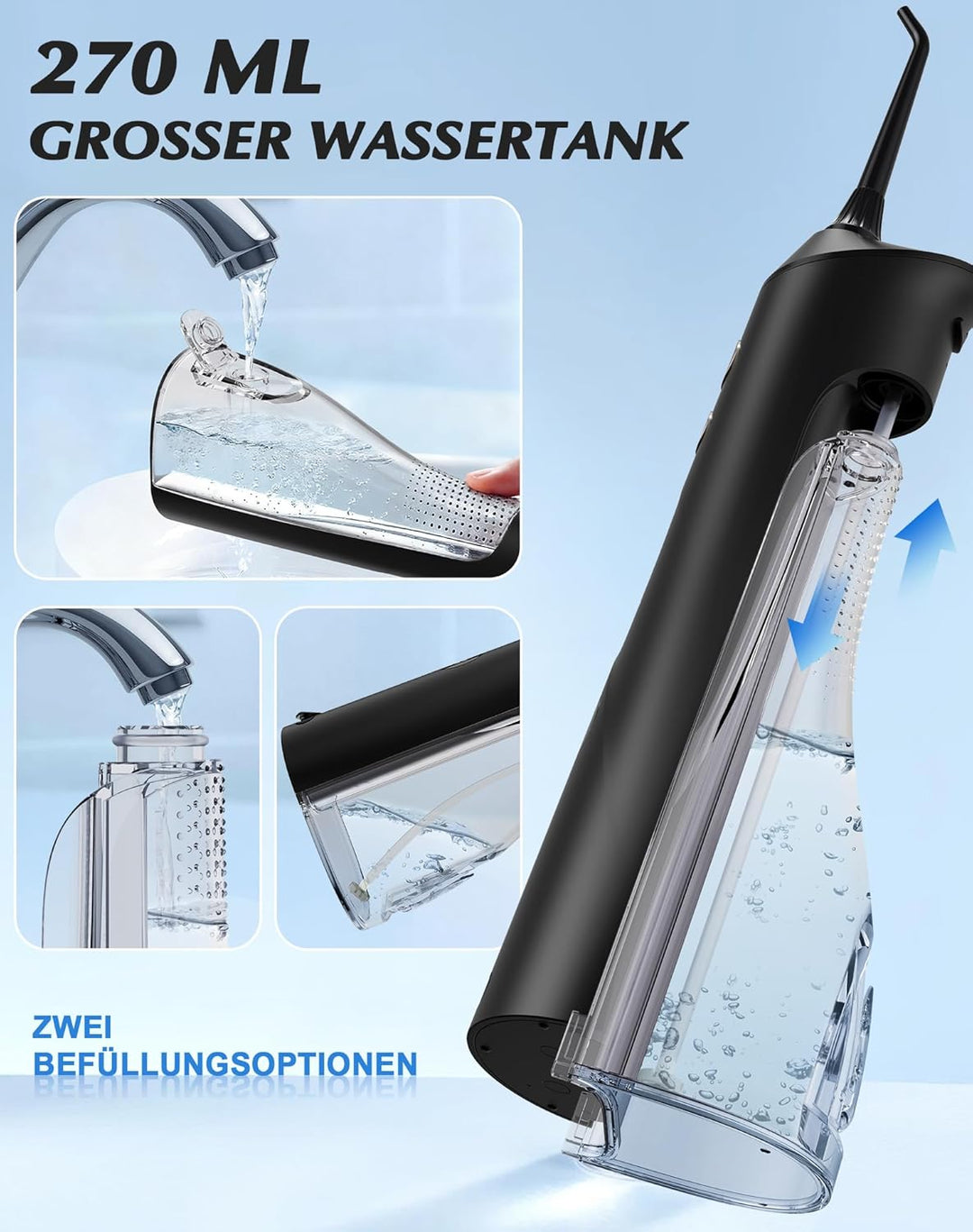 Munddusche Kabellos Elektrischer, 2025 Testsieger, 5 Jet-Tipps und 4 Modi, Smart-Display, Zahnpflege