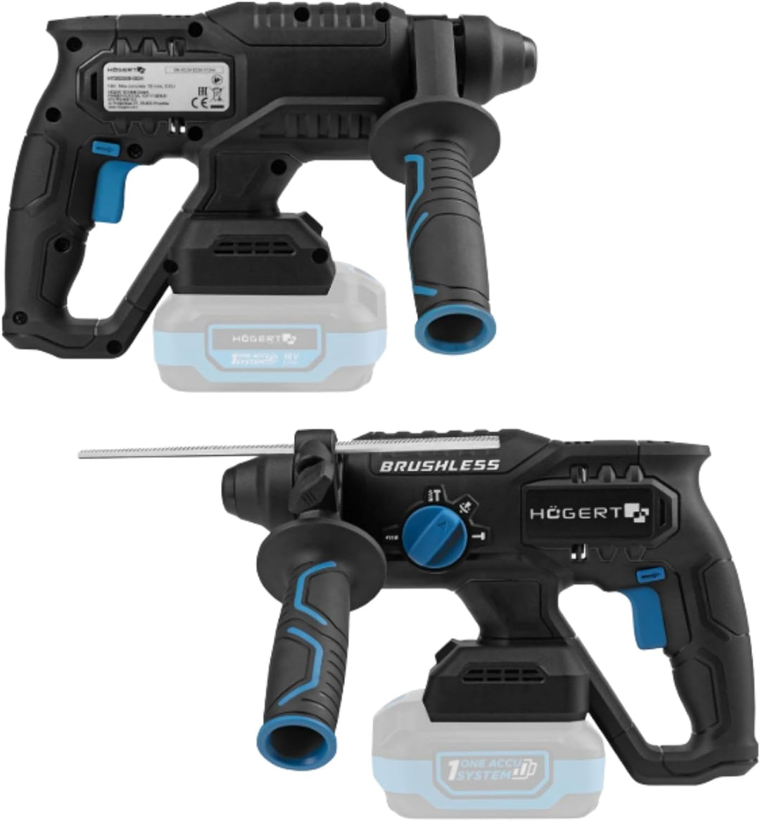 HÖGERT TECHNIK Bürstenloser Akku-Bohrhammer Set 18V, 2,0 J Schlagenergie, Meisselfunktion, 4,0 Ah Ak