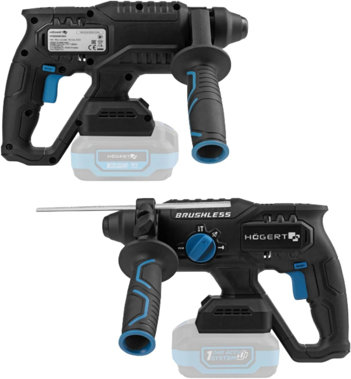 HÖGERT TECHNIK Bürstenloser Akku-Bohrhammer Set 18V, 2,0 J Schlagenergie, Meisselfunktion, 4,0 Ah Ak