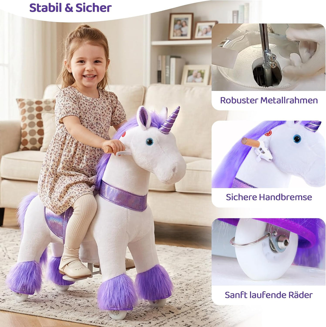 PonyCycle Einhorn mit Rollen, für Erwachsene/Kinder ab 7, 76cm Hoch, Reitpferd mit Rollen mit Handbr
