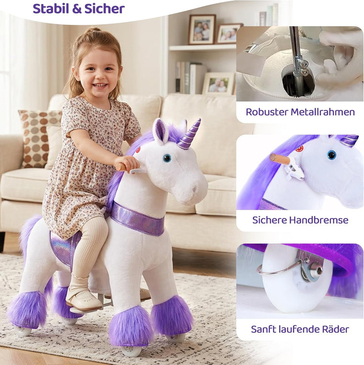 PonyCycle Einhorn mit Rollen, für Erwachsene/Kinder ab 7, 76cm Hoch, Reitpferd mit Rollen mit Handbr