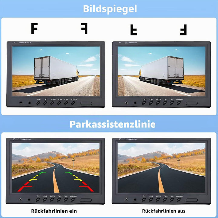CAMECHO Rückfahrkamera 4 Kameras Set, 9 Zoll Monitor 4 Geteilte Rück und Vorder Kamera, Weitwinkel,