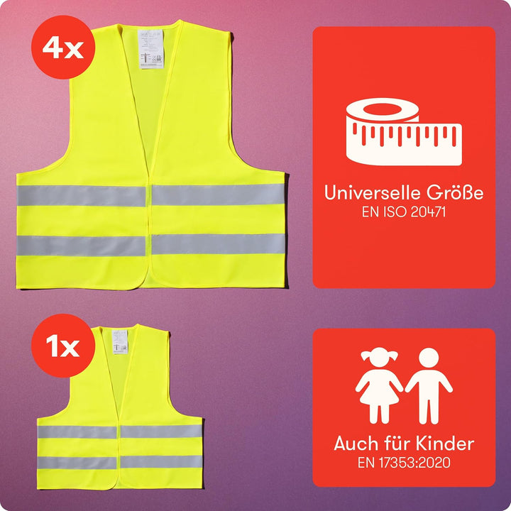 PURAHELP Warnwesten Auto 5er 4+1 Set Europaweit gültig nach EN ISO 20471 - Inkl. Parkscheibe - Refle