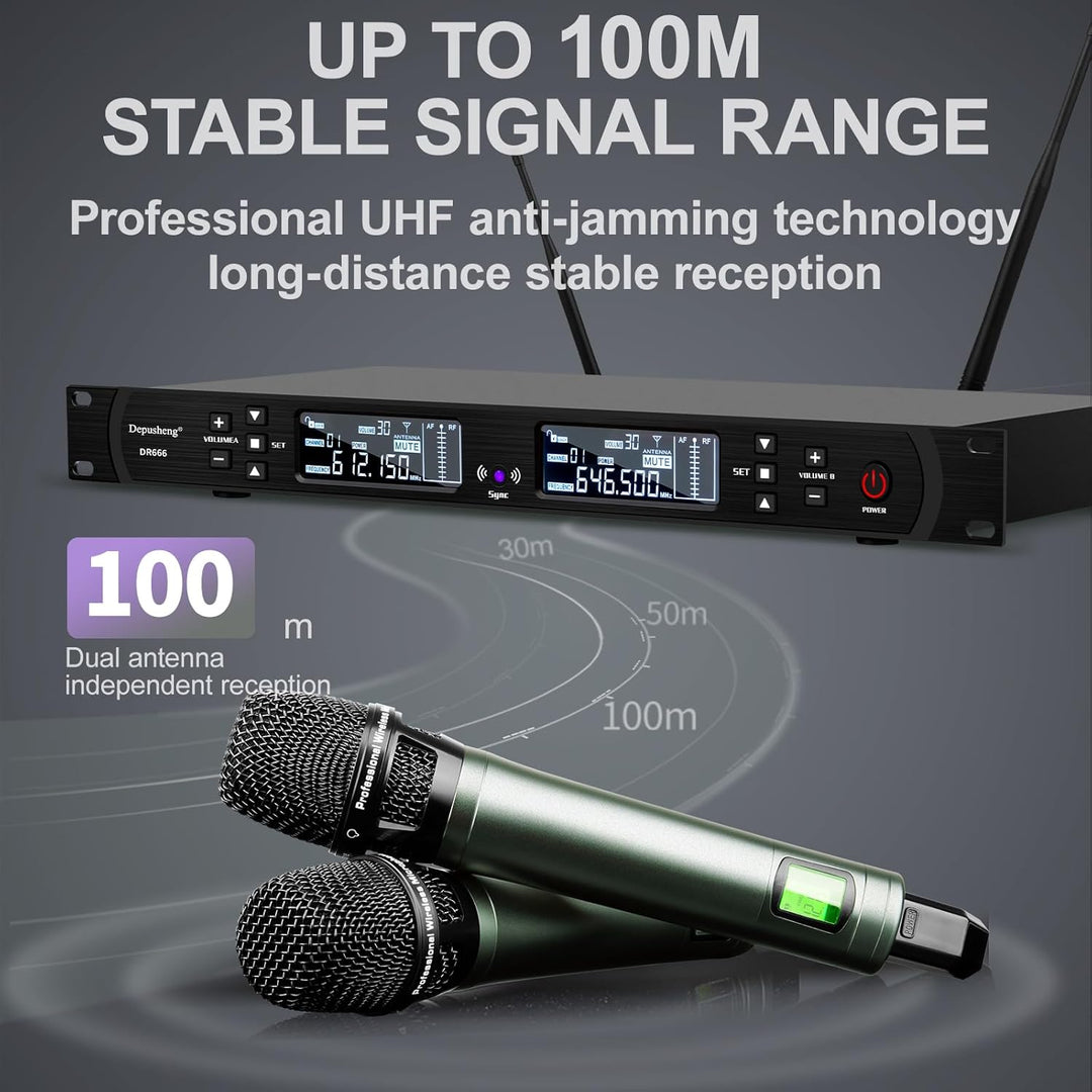 Depusheng DR666 Professionelles drahtloses Karaoke Mikrofon doppeltes drahtloses Handmikrofon Metall