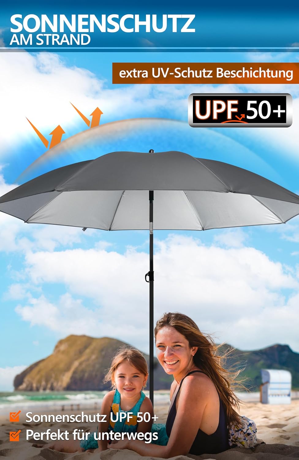 4smile Sonnenschirm Strand SunnyJoy, 3-in-1 SET, Anthrazit - UPF 50+ Strandschirm Ø 160 cm + Sonnens