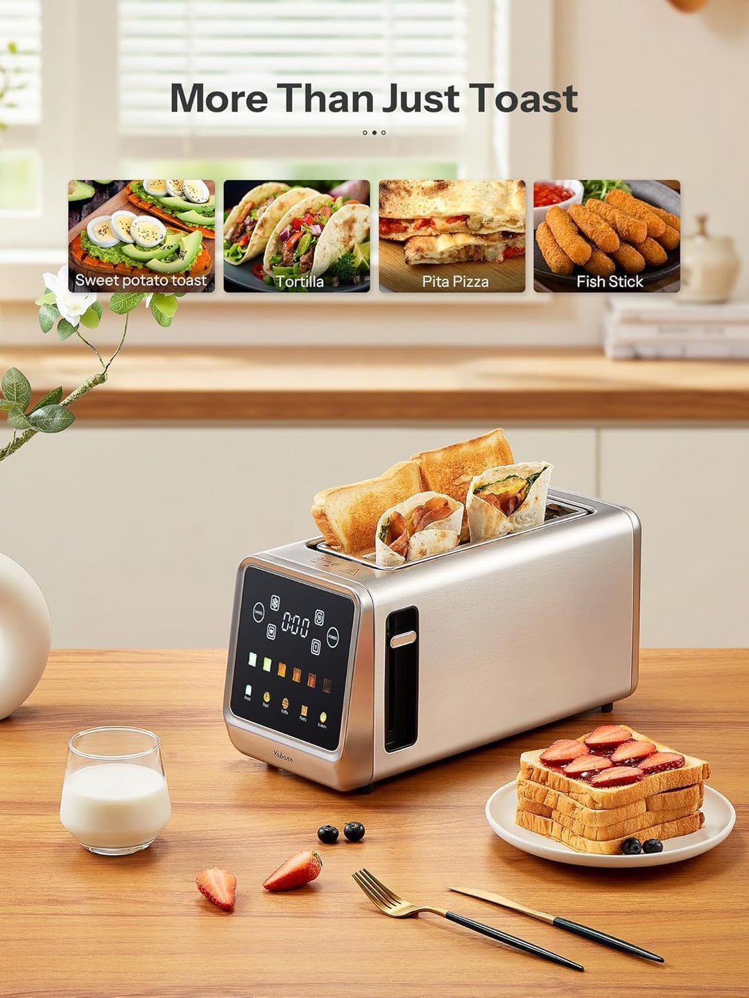 Yabano Toaster 4 Scheiben mit Touchscreen & Memory-Funktion, Single-Slice-Technologie, Timer, Auftau