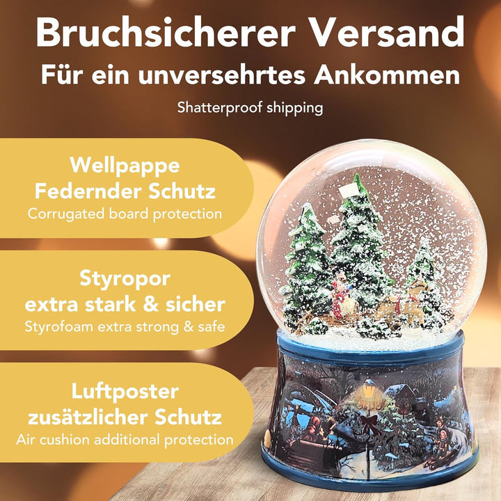 Schneekugel Weihnachten Spieluhr | Schlittenfahrt mit Christbaum | Sockel Winterlandschaft Eisläufer