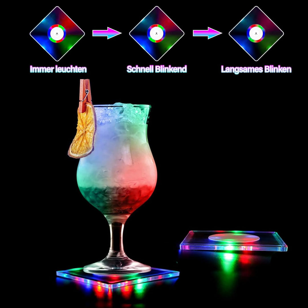 MEDOYOH 8er-Set Quadratisch Bunt LED Untersetzer für Getränke, ON/Off Taste Getränke Untersetzer Set