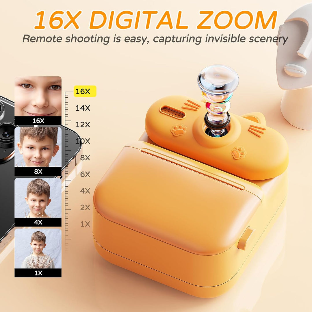 Kinder Sofortbildkamera mit Sofortdruck, 48MP Kamera (Katze-Orange) | Kinderkamera mit Druckpapier,
