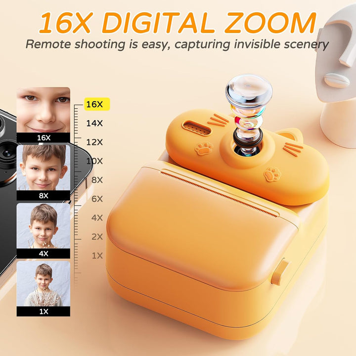 Kinder Sofortbildkamera mit Sofortdruck, 48MP Kamera (Katze-Orange) | Kinderkamera mit Druckpapier,