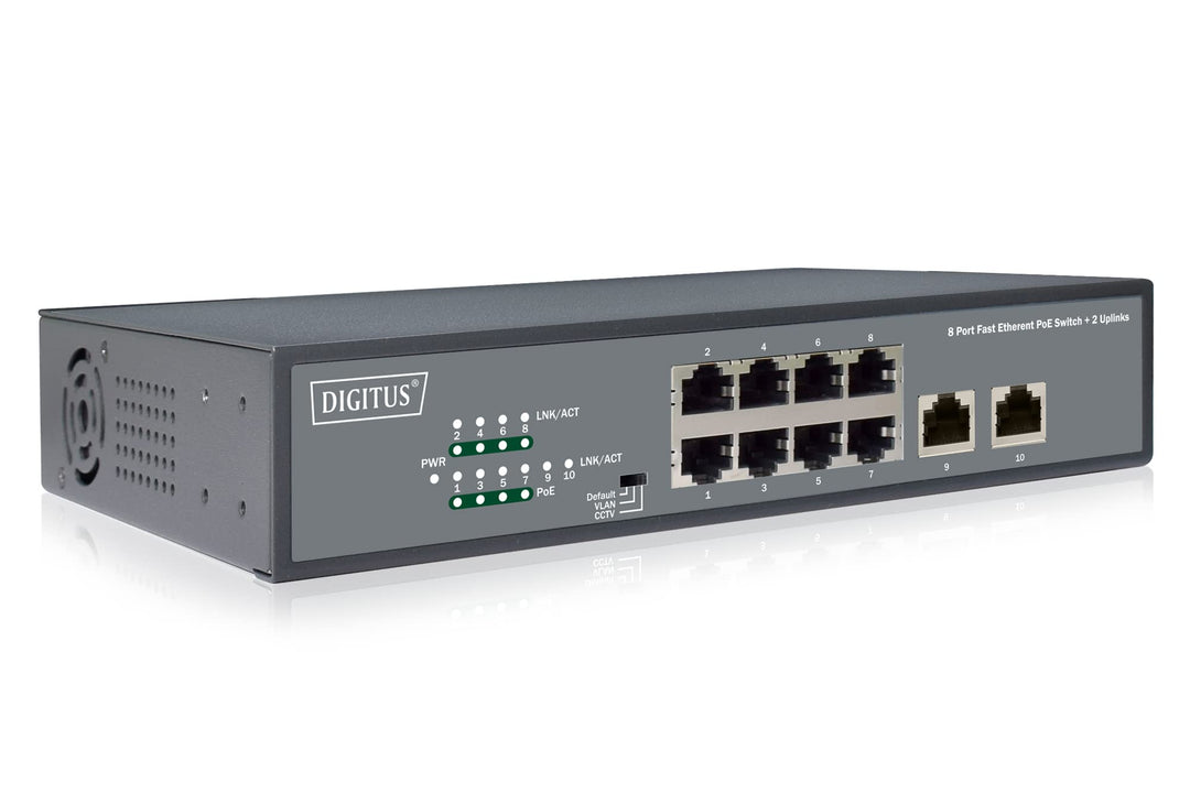 DIGITUS Fast Ethernet PoE+ Switch - 19 Zoll - 8 Ports + 2X Uplink RJ45 - IEEE802.3af/at - 120W Power