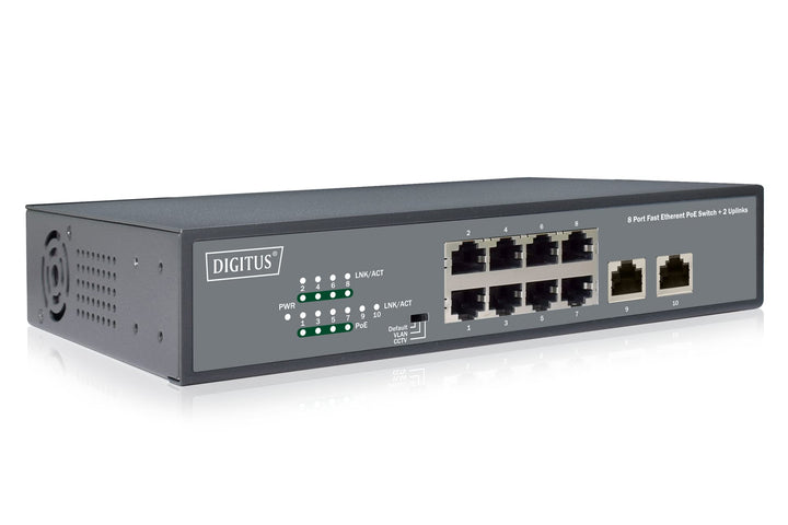 DIGITUS Fast Ethernet PoE+ Switch - 19 Zoll - 8 Ports + 2X Uplink RJ45 - IEEE802.3af/at - 120W Power