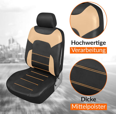 Upgrade4cars Auto-Sitzbezüge Vordersitze Beige Schwarz | Kunst-Leder Schonbezüge Set Universal | Aut