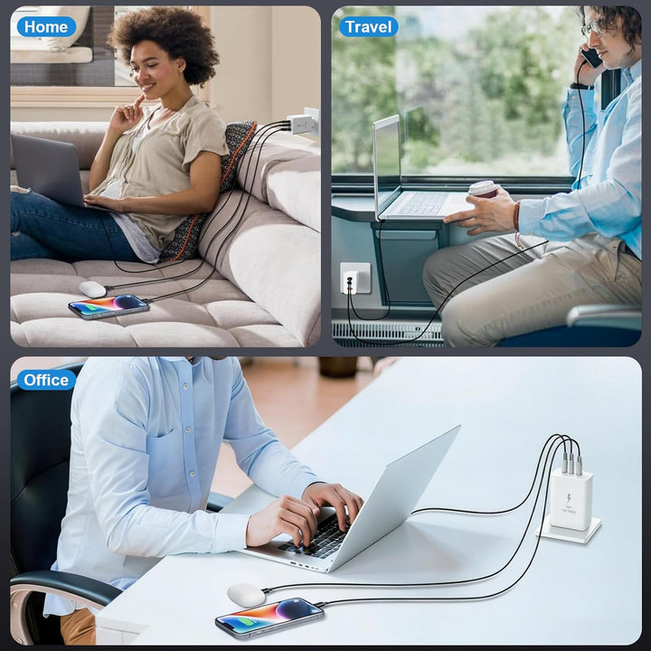 100W USB C Ladegerät, 3-Port GaN Schnellladegerät mit USB C & Lightning Kabel Mehrfach Ladegerät Kom
