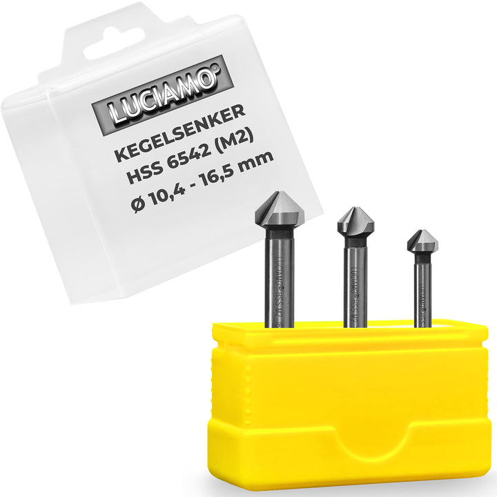 3 Stück 90° Profi Senker Set HSS M2 (6542) - Extra präzise für Holz, Metall und Kunststoff - ein Mus