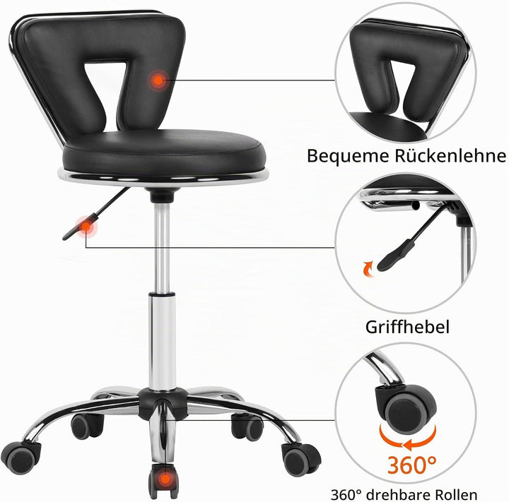 Yaheetech Rollhocker mit Rückenlehne Höhenverstellbar 46,5-61cm Drehhocker mit Rollen 360° Drehbar B
