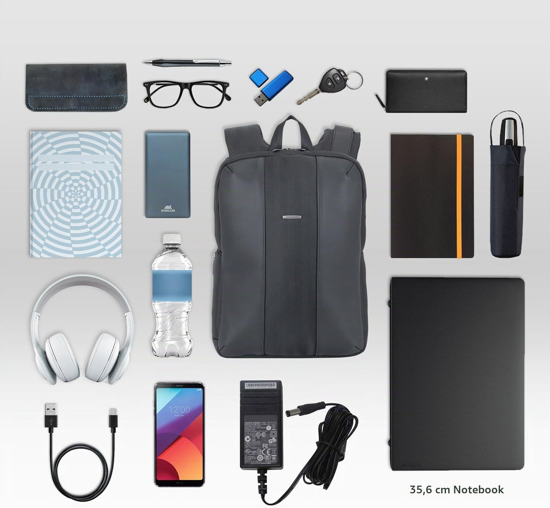RIVACASE leichter Laptop Rucksack bis 14 Zoll – Stadtrucksack aus Polyester und Kunstleder mit extra