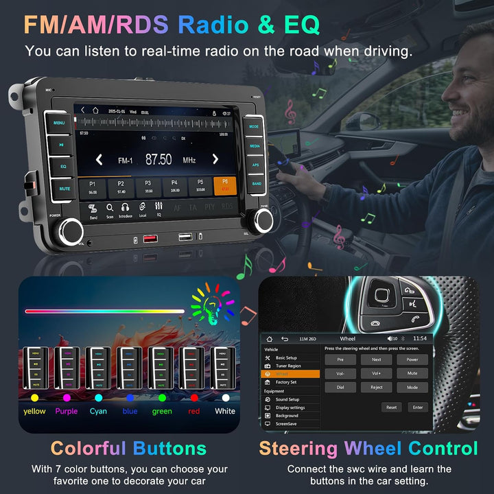 Autoradio mit Bildschirm für VW Golf 5 6 Polo Passat Caddy Touran Tiguan Seat Skoda, 7 Zoll Touchscr