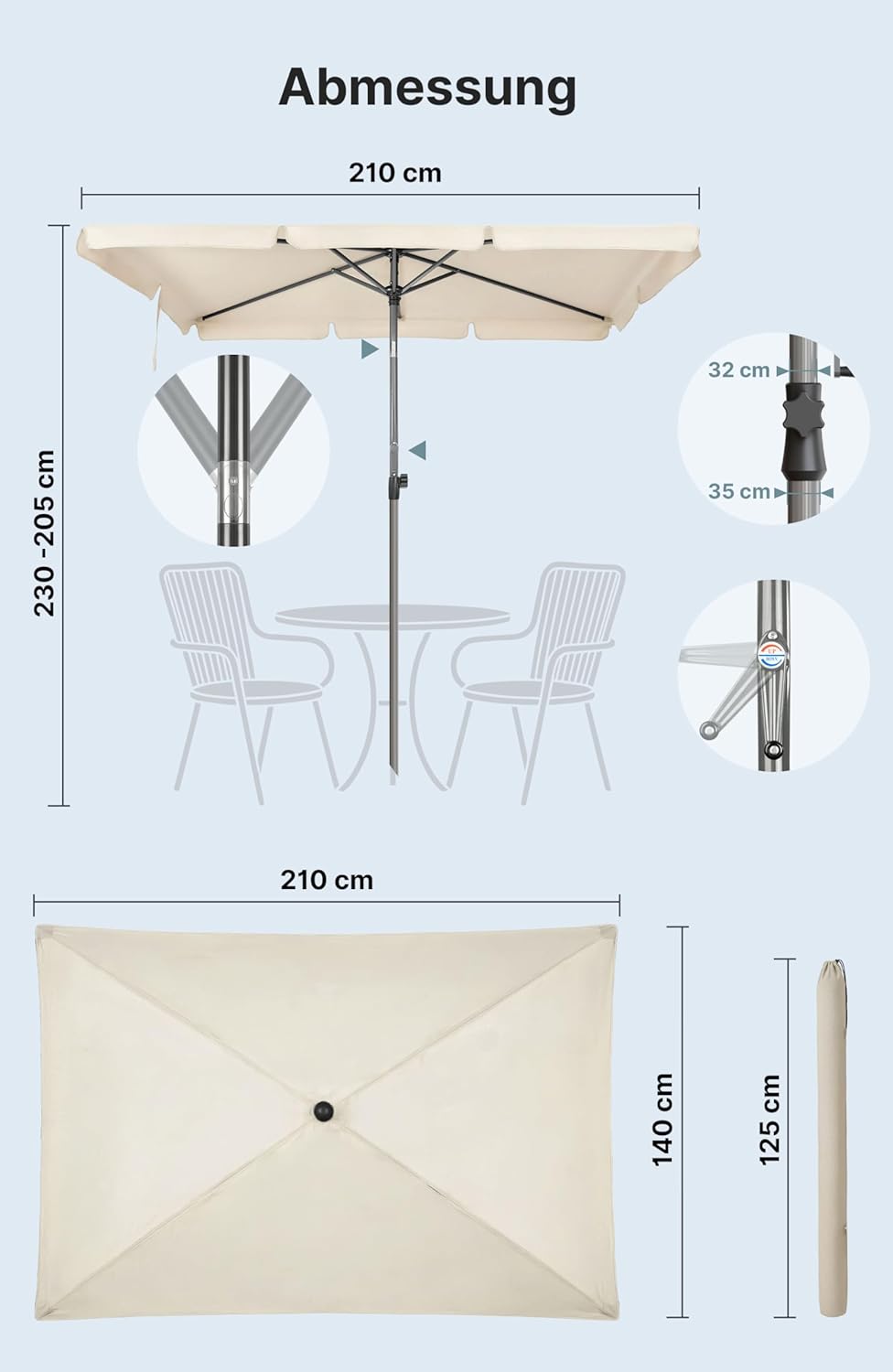 4smile Sonnenschirm Balkon mit Kurbel, Sonnenschirm rechteckig 210x140 cm, Sonnenschutz Balkon mit U