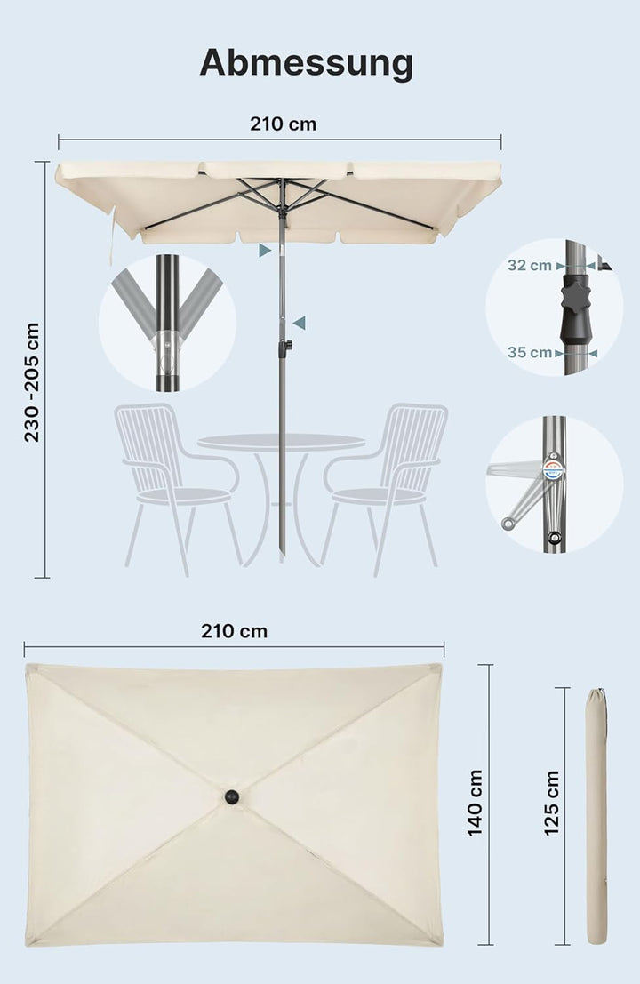 4smile Sonnenschirm Balkon mit Kurbel, Sonnenschirm rechteckig 210x140 cm, Sonnenschutz Balkon mit U
