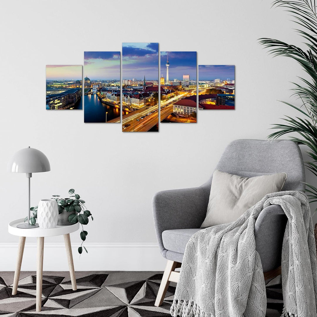 Runa Art Wandbilder Berlin 5 Teilig Bild auf Vlies Leinwand Deko Büro Wohnzimmer Stadt Blau 605152a