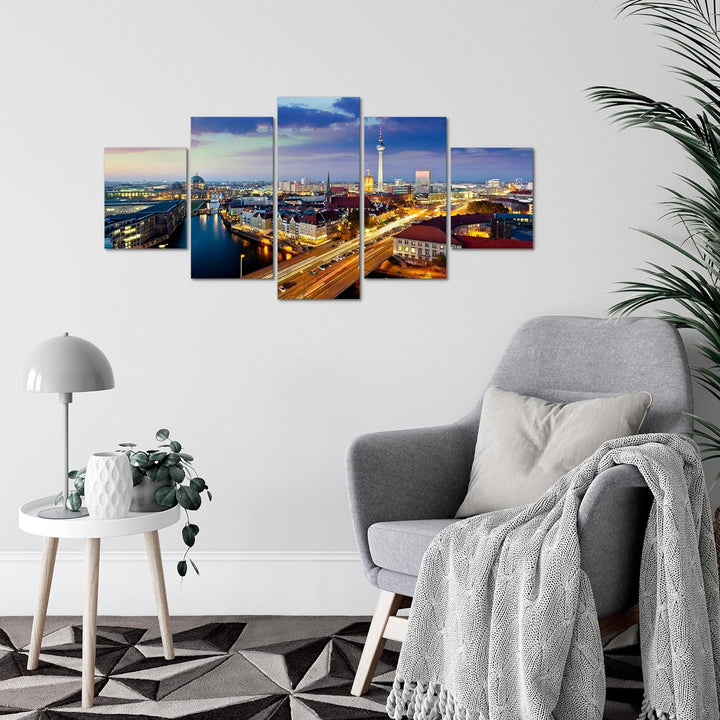 Runa Art Wandbilder Berlin 5 Teilig Bild auf Vlies Leinwand Deko Büro Wohnzimmer Stadt Blau 605152a