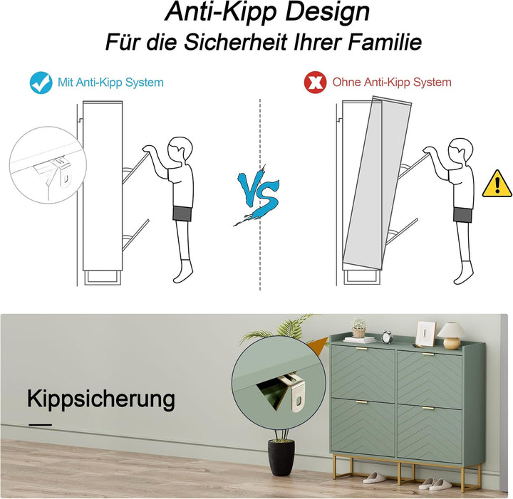 UEV Schuhschrank mit 4 Klappen Schmal,Freistehendes Schuhregal mit Kippschutz, Schuhkommode mit vers
