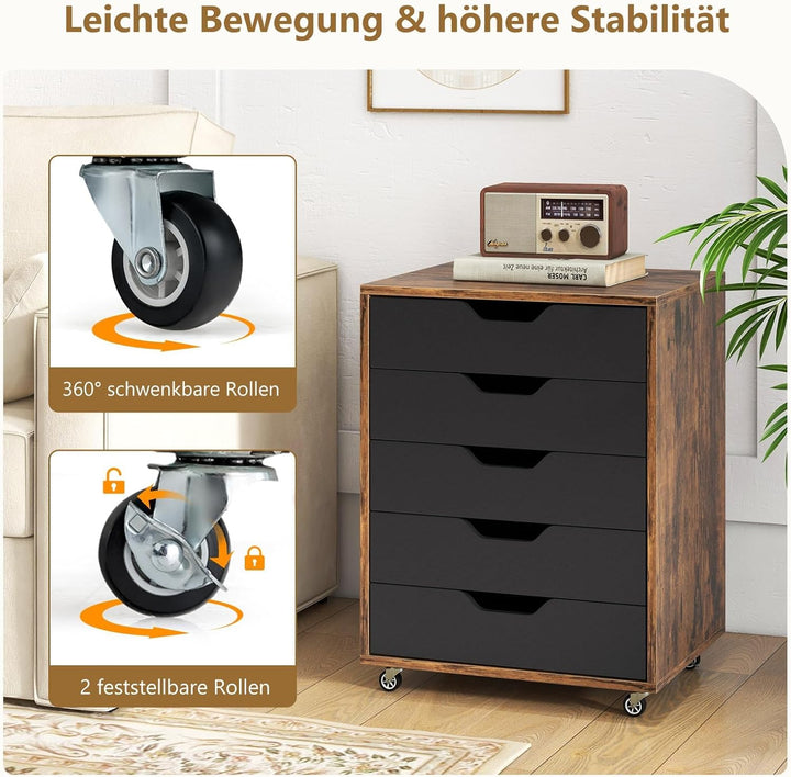 FANTASK Schubladenschrank mit 5 Schubladen, mobiler Aktenschrank mit Rädern, Rollen Schrank für Zuha